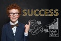 Smart child boy with hand drawing sketch and success text. Business idea and success concept Royalty Free Stock Photo