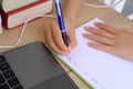 Smart child, boy 9-10 years, primary school student writes letter to friend in English, Back to school concept, doing homework in Royalty Free Stock Photo