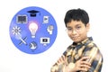 Smart child and light bulb, brainstorming, graduation hat and idea concept of education. thinking of future career or graduation