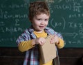 Smart child on smiling face, holds book in hands. Kid, preschooler or first former, chalkboard on background, defocused