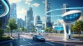 Smart Cities with Autonomous Transportation: Picture of a city with high-tech buildings, efficient