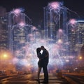 In smart cities, lovers teleport, sharing kisses through quantum data streams Royalty Free Stock Photo