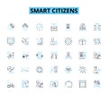 Smart citizens linear icons set. Connected, Digital, Innovative, Aware, Proactive, Collaborative, Engaged line vector