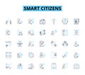Smart citizens linear icons set. Connected, Digital, Innovative, Aware, Proactive, Collaborative, Engaged line vector