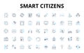 Smart citizens linear icons set. Connected, Digital, Innovative, Aware, Proactive, Collaborative, Engaged vector symbols