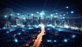Smart city, abstract glowing line and dot connect to network, internet and big data connection technology concept. Royalty Free Stock Photo