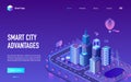 Smart city advantage isometric neon landing page, futuristic cityscape infrastructure