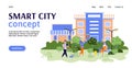 Smart city banner concept with people in city park using technology. Royalty Free Stock Photo