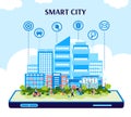 Smart City banner with cityscape on mobile phone screen flat vector illustration. Royalty Free Stock Photo