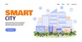 Smart city banner template with skyline view on town flat vector illustration. Royalty Free Stock Photo