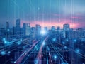 Smart city big data connection technology in big city, big data connection technology concept Royalty Free Stock Photo