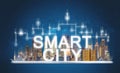 Smart city and building technology. Augmented reality buildings with online media and network application icons on digital tablet Royalty Free Stock Photo