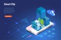 Smart city buildings with digital wireless cloud computing technology and household facilities in futuristic background.