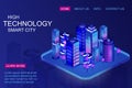 Smart city with business center skyscrapers. isometric illustration. Intelligent smart buildings. Computer blockchain Royalty Free Stock Photo