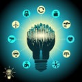 Smart city - cityscape in silhouette light bulb with advanced smart services, the Internet of things, social networking Royalty Free Stock Photo