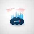 Smart City, Cloud Computing Technology Design Concept with Cityscape and World Map - Overloaded Digital Network Connections