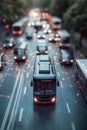 Smart City Commuting Connected Bus Navigating Through Busy Evening Traffic in Urban Environment Royalty Free Stock Photo