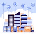 Smart City concept with business signs of mobile apps flat vector illustration.