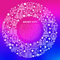 Smart city concept in circle with thin line icons: green energy, intelligent urbanism, efficient mobility, electric transport,