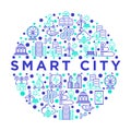 Smart city concept in circle with thin line icons: intelligent urbanism, efficient mobility, zero emission, electric transport,