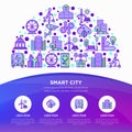 Smart city concept in half circle with thin line icons: green energy, intelligent urbanism, efficient mobility, zero emission,