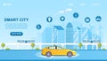 Smart City Concept with icons. An unmanned car on the road goes through a futuristic city. Internet of Things. Automated Royalty Free Stock Photo