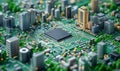 Smart city concept represented by a microchip surrounded by buildings and an electronic pattern, depicted in an isometric view