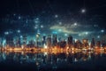 Smart city concept. Telecomunication, internet, mobile, cloud computing background, created by AI