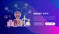 Smart city concept: urbanist develops city project. Thin line icons: green energy, efficient mobility, balanced traffic, electric