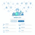 Smart city concept: urbanist develops city project. Thin line icons: green energy, efficient mobility, balanced traffic, electric