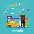 Smart city concept vector illustration in flat style. Businessman talks by smartphone. Internet of things and new