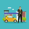 Smart city concept vector illustration in flat style. Businessman talks by smartphone.