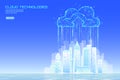 Smart city 3D light cloud computing cityscape. Intelligent building big data exchange storage online futuristic business