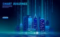 Smart city 3D neon glowing cityscape. Intelligent building automation night futuristic business concept. Web online blue Royalty Free Stock Photo