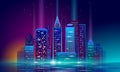 Smart city 3D neon glowing cityscape. Intelligent building automation night futuristic business concept. Web online