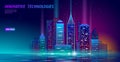 Smart city 3D neon glowing cityscape. Intelligent building automation night futuristic business concept. Web online Royalty Free Stock Photo