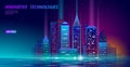 Smart city 3D neon glowing cityscape. Intelligent building automation night futuristic business concept. Web online