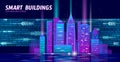 Smart city 3D neon glowing cityscape. Intelligent building automation night futuristic business concept. Web online Royalty Free Stock Photo