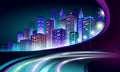 Smart city 3D neon glowing cityscape. Intelligent building automation night futuristic business concept. Web online