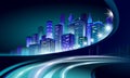 Smart city 3D neon glowing cityscape. Intelligent building automation night futuristic business concept. Web online