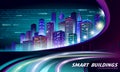 Smart city 3D neon glowing cityscape. Intelligent building automation night futuristic business concept. Web online Royalty Free Stock Photo