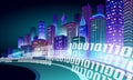 Smart city 3D neon glowing cityscape. Intelligent building highway route night futuristic business concept. Web online