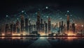 Smart city dot point connect with gradient grid line, connection technology metaverse concept. Night city banner with big data. Royalty Free Stock Photo