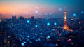 Smart city evolution with big data connectivity at twilight in Tokyo Royalty Free Stock Photo
