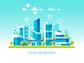 Smart city flat. Cityscape background with different icon and elements. Modern architecture. Mobile phone control.