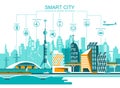 Smart city flat. Cityscape background with different icon and elements. Modern architecture. Royalty Free Stock Photo