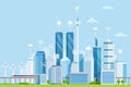 Smart city flat vector illustration. Modern urban area with digital buildings network. Cartoon skyscrapers, towers