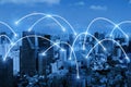 Smart city. global media link connecting on night city background, digital, internet, communication, globalization, networking, bu