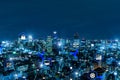 Smart city. global media link connecting on night city background, digital, internet, communication, networking, partnership, smar Royalty Free Stock Photo