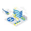 Smart city. Helicopter helipad data infrastructure isometric concept technology. Internet cloud storage heliport. Blue